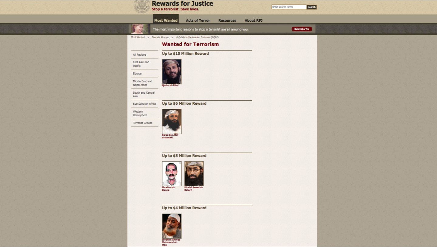 The US Rewards for Justice page, displaying an image of Al-Raymi on January 31st 2020 (@Dr_E_Kendall)