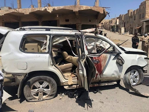 Image of a car destroyed in the initial strikes by Turkish forces that killed three Sinjar Protection Forces personnel and injured two others. (Image posted by Irq women via Facebook)