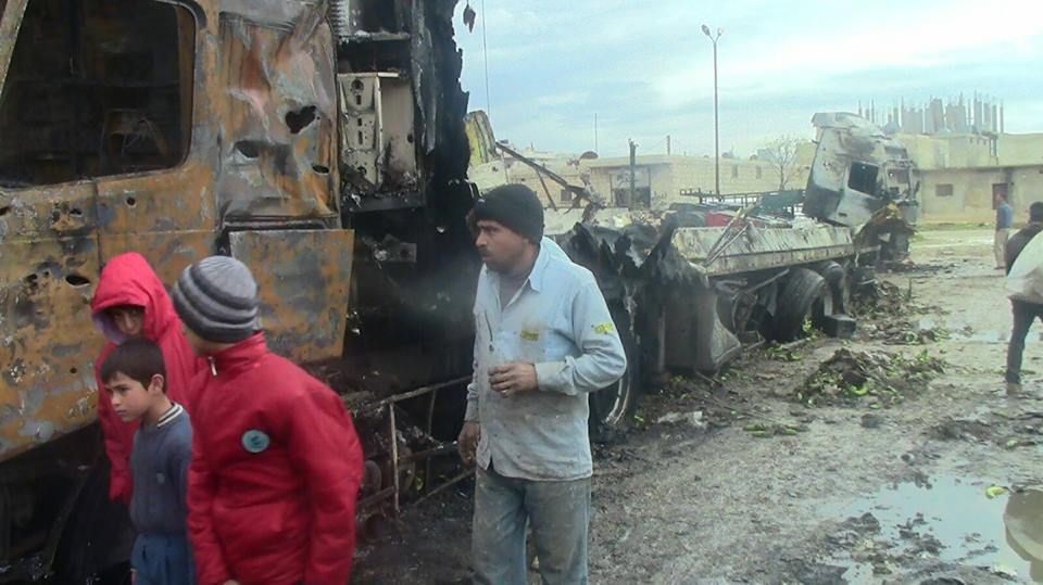 Trucks allegedly struck by Russian warplanes in Al Dana, November 29th (via SNN)