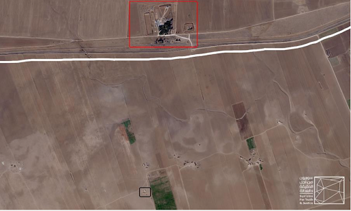 Satellite image taken by Planet Labs Inc. 7 November 2021. The photo locates the farmhouse—the black square—where al-Shuhail was killed, compared to the location of the Turkish base—the red square—from where the ground forces raided the farmhouse. Additionally, the photo shows the border wall between Syria and Turkey. Credit: Planet Labs Inc.