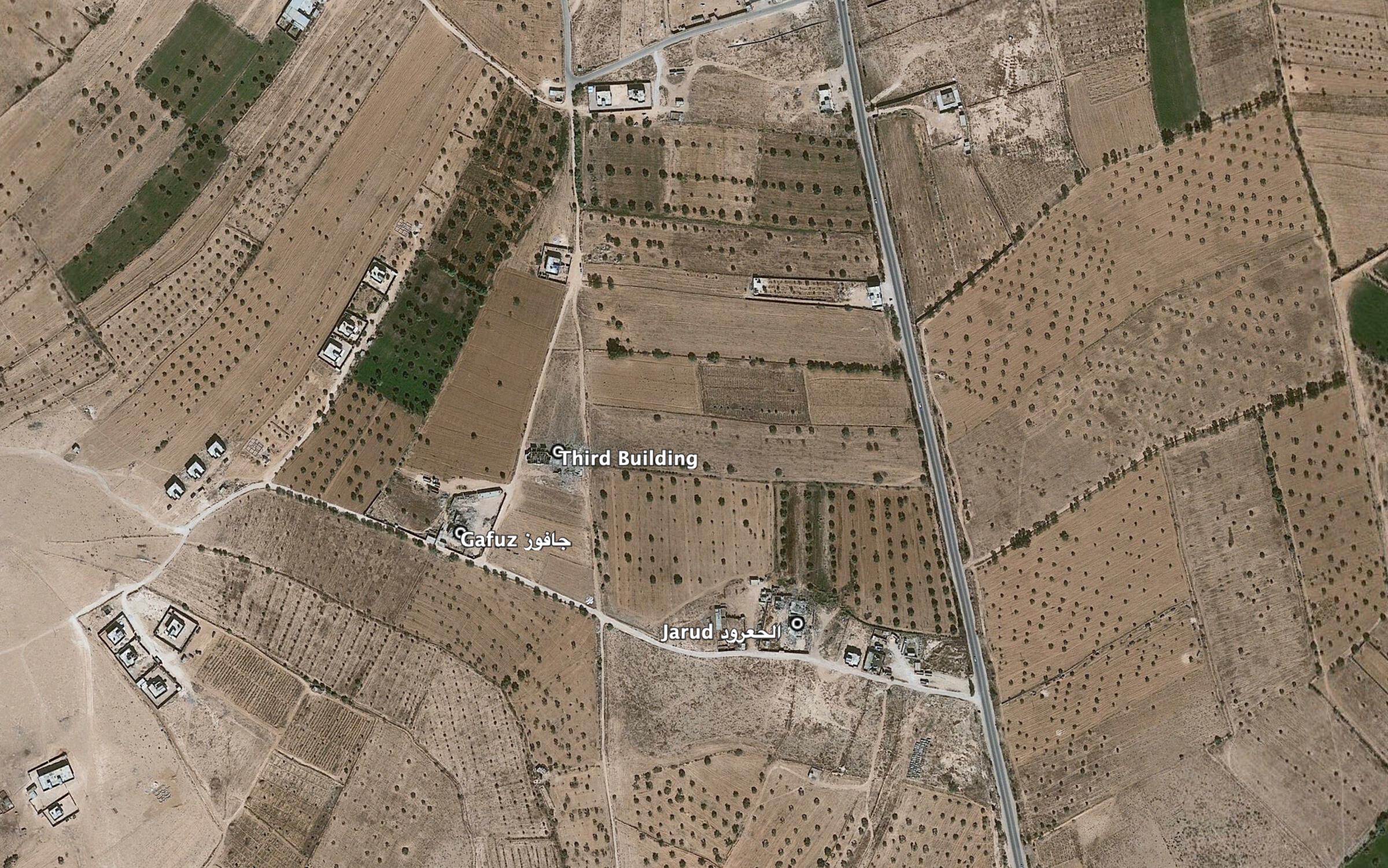 Reports of the incident mention multiple strikes on residential compounds in the village of Majer (مــــاجر). The house of Gafuz (جافوز), the house of Jarud (الحعرود), and a third building of undisclosed ownership. The exact location of which has been published by New York Times and Human Rights Watch.