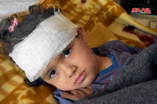 One of the children injured in alleged Israeli airstrikes or Syrian regime rockets in Kazo neighborhood in Hama on January 22nd, 2021. (via SANA).