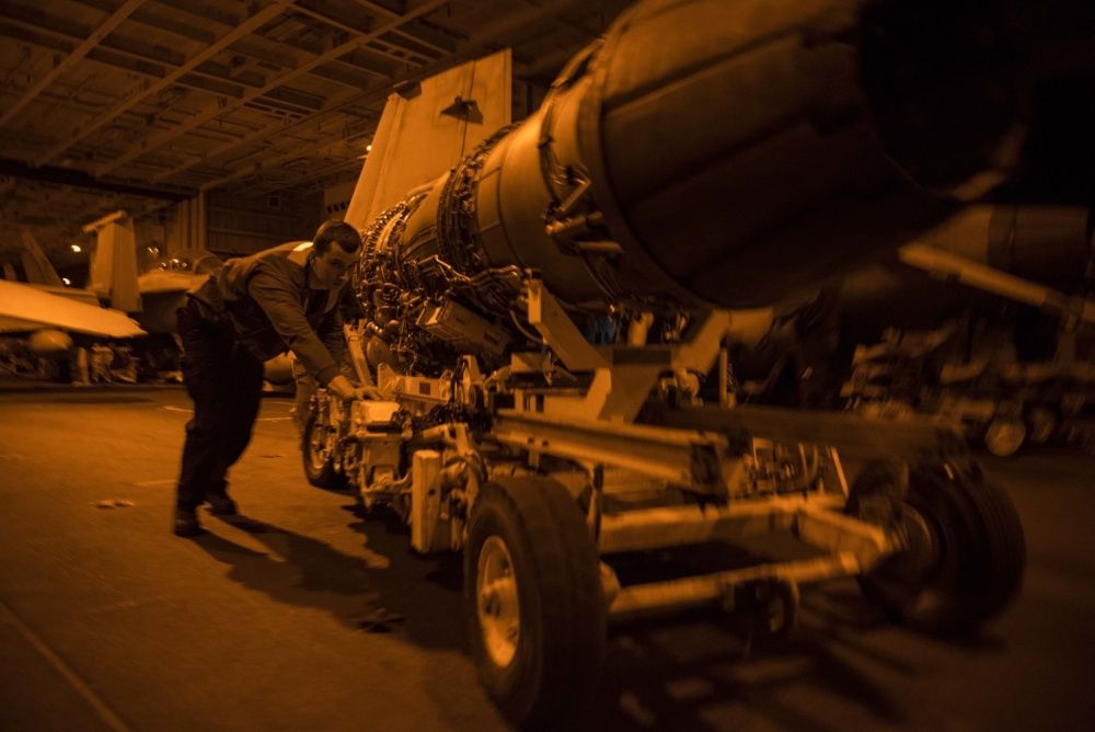 An F414-GE-400 engine in the hangar bay of the aircraft carrier USS Dwight D. Eisenhower, Nov 20th (US Navy)