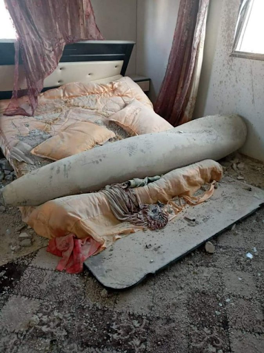 An unexploded Israeli missile landed in the home of Muhammad and Munis Muhareb east of Ma’an area on May 20, 2021. (Image posted by @RealEmanAyad)