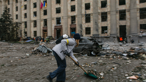 Damage caused by the attack on the Kharkiv Regional State Administration on March 1, 2022. (Image posted by Suspilne Kharkiv via Telegram)