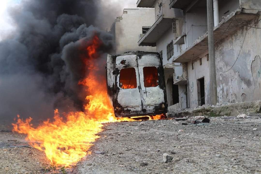 Syrian Civil Defence ambulance burning after a double air raid by alleged Russian forces on the city of Ariha, Idlib governorate, on January 23rd, 2020 (via syrialiveua).