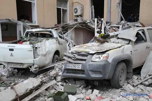 Aftermath of alleged Russian shelling of Kharkiv administration building on March 1, 2022. (Image Ukrinform