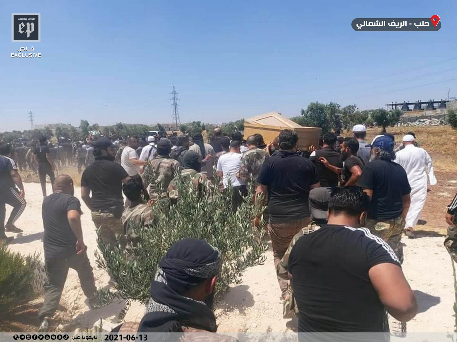 Image of mourners carrying the coffins of some of the victims killed in the bombing of Afrin on June 12, 2021. (Images posted by Euphrates Post)