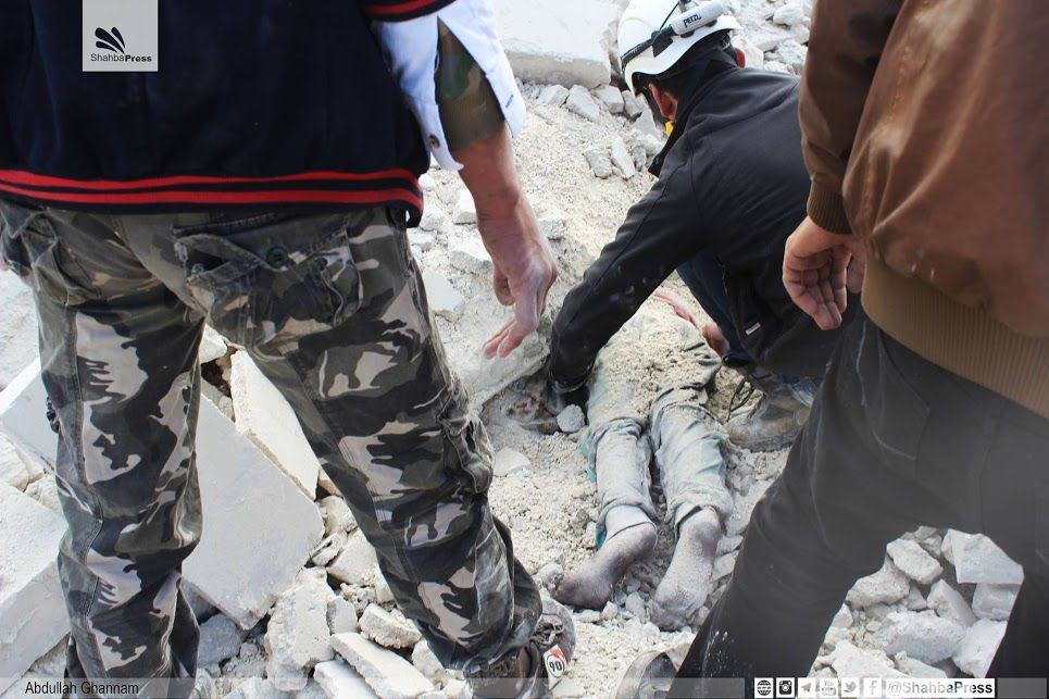 A body is removed from the rubble following an alleged Russian airstrike on Anadan, Feb 2nd (via SN4HR)