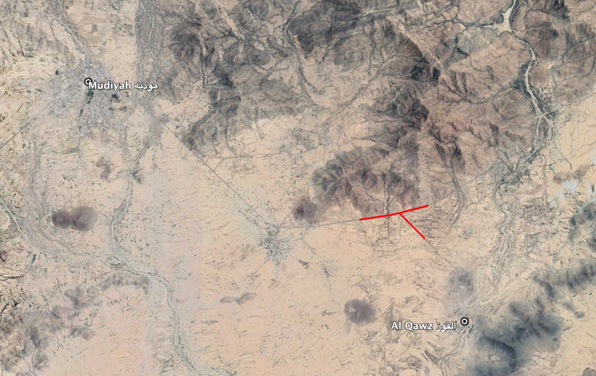 Reports of the incident mention a vehicle being struck at the junction near Al Qawz (القوز) village, east of Mudiyah (موديه).