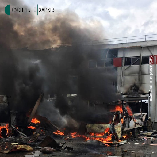 Damage to an enterprise caused by alleged Russian shelling of Korotych on April 22, 2022. (Image posted by Suspilne News via Telegram)