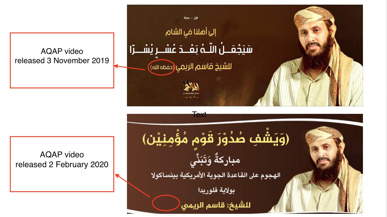 In a tweet, academic Dr Elisabeth Kendall pointed out that a February 1st video of Al-Raymi omitted "the usual "May Allah protect him"... which would have shown he's alive" (@Dr_E_Kendall, February 2nd 2020)