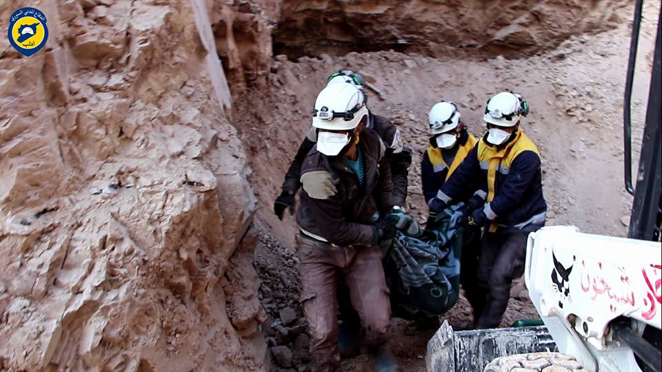 The White Helmets attempt to search for the missing following an airstrike on Abidien hospital, Abidien, 22nd April 2017. (via Idlib civil defence)