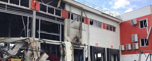 Damage to an enterprise caused by alleged Russian shelling of Korotych on April 22, 2022. (Image posted by Kharkiv Human Rights Protection Group)