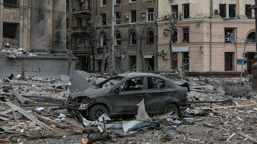 Damage caused by the attack on the Kharkiv Regional State Administration on March 1, 2022. (Image posted by Suspilne Kharkiv via Telegram)