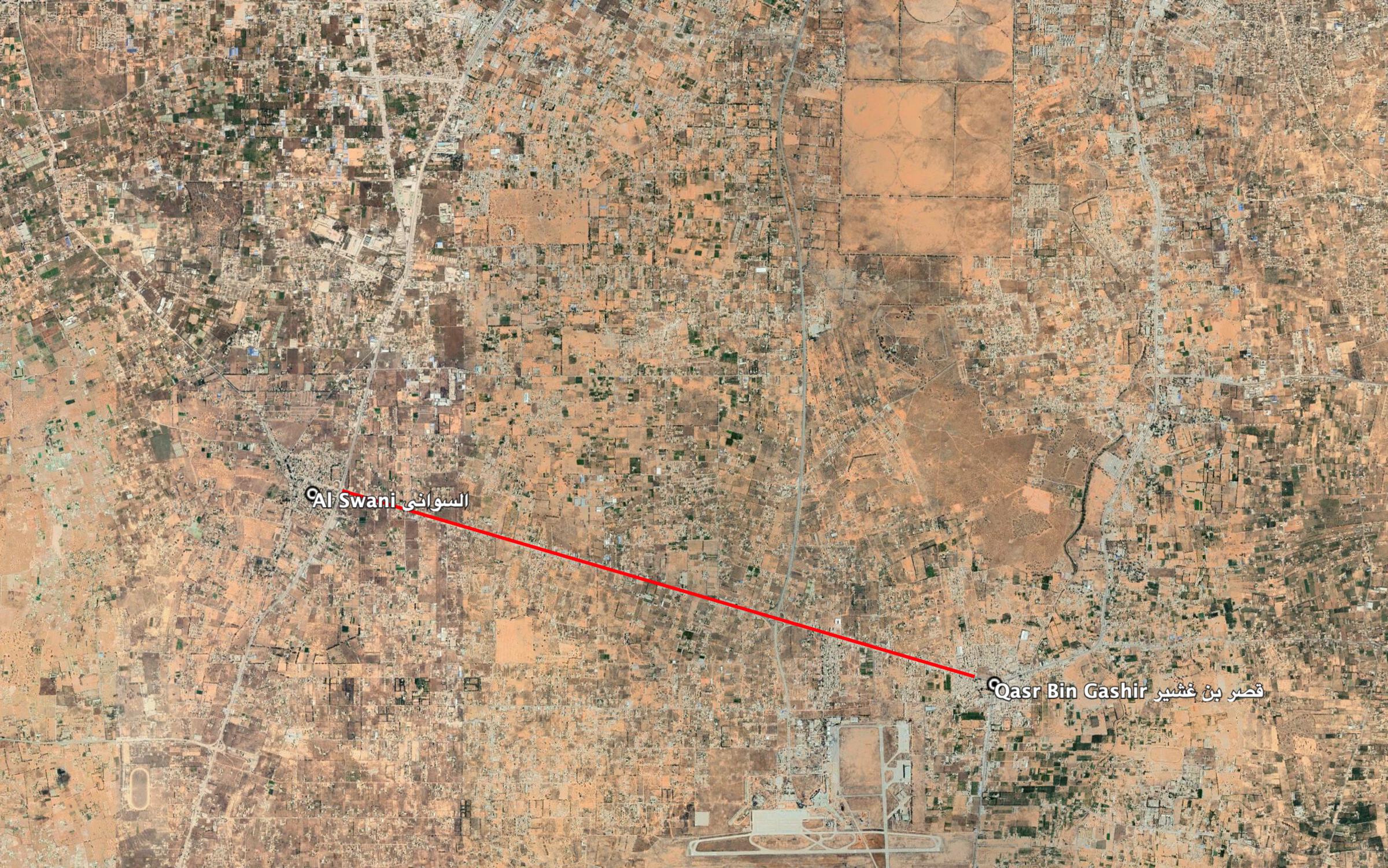 Reports of the incident mention the road connecting the towns of Al Swani (السواني) and Qasr Bin Gashir (قصر بن غشير).