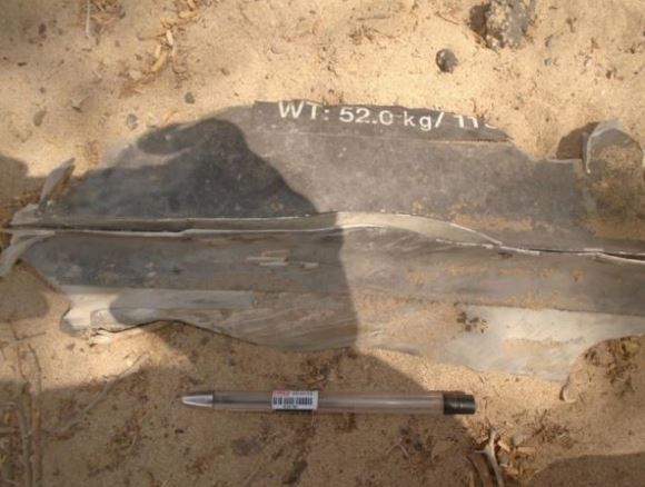 Weapon remnants found after the attack, which a weapons expert identified as likely parts of an AGM-114 Hellfire missile. Photo taken by a Mwatana researcher.