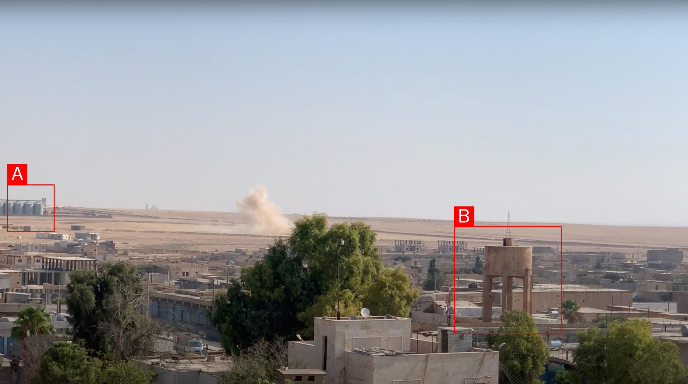 Tagged audiovisual material showing smoke from blast area.