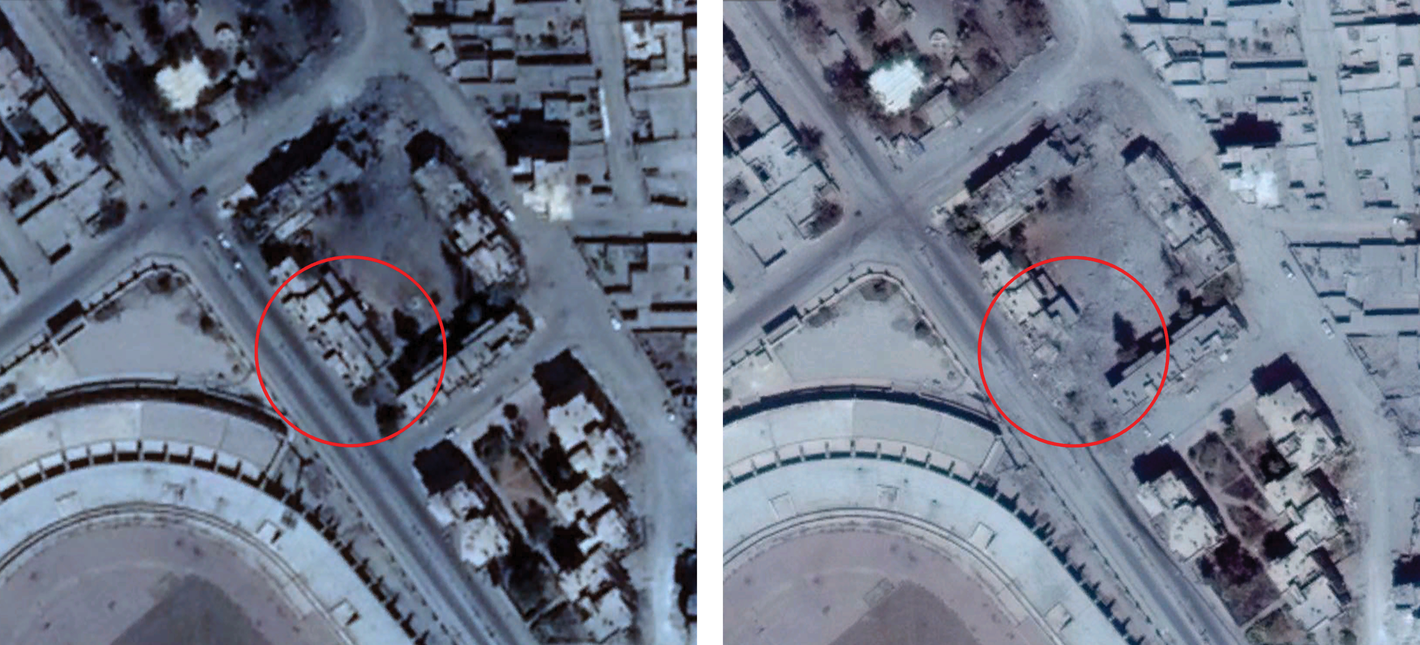 Damage seen on satellite imagery to the building in the image shared by RBSS (left: August 19, 2017; right: August 25, 2017)