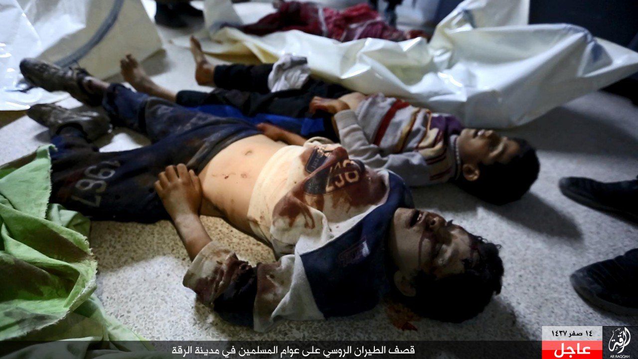 GRAPHIC: Image depict child victims of an alleged Russian airstrike on Ar Raqqah, November 26th (via SN4HR)