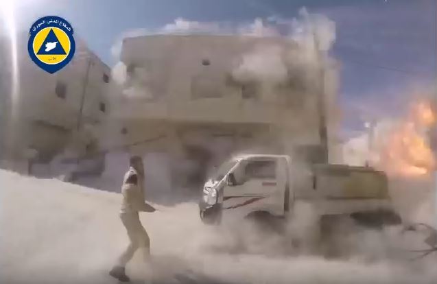 A White Helmet camera captures moment of 'double tap' strike on Sarmeen, Oct 20th 2015 via White Helmets