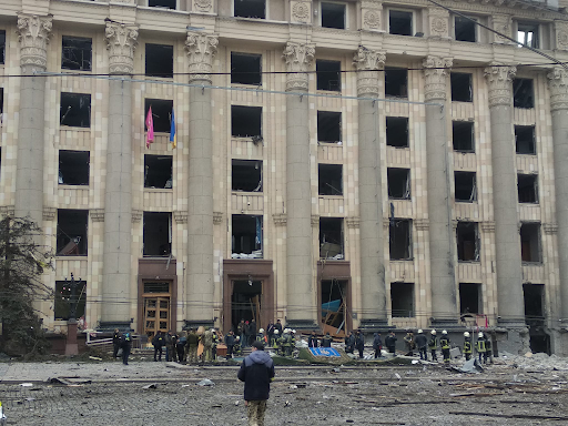 Damage caused by the attack on the Kharkiv Regional State Administration on March 1, 2022. (Image posted by Nv.ua)