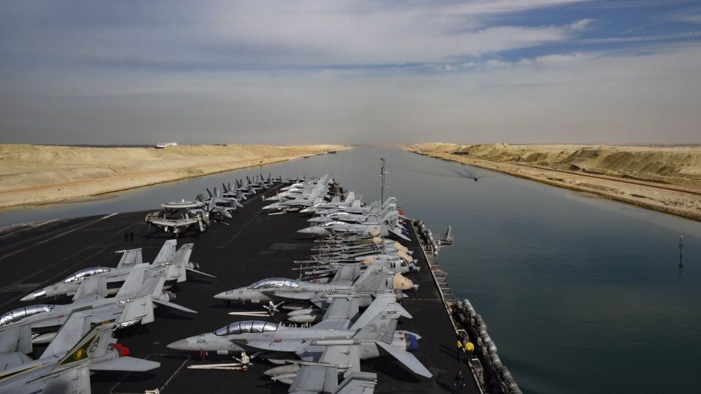 The aircraft carrier USS Dwight D. Eisenhower conducts a routine, scheduled transit through the Suez Canal, Dec 4th (US Navy)