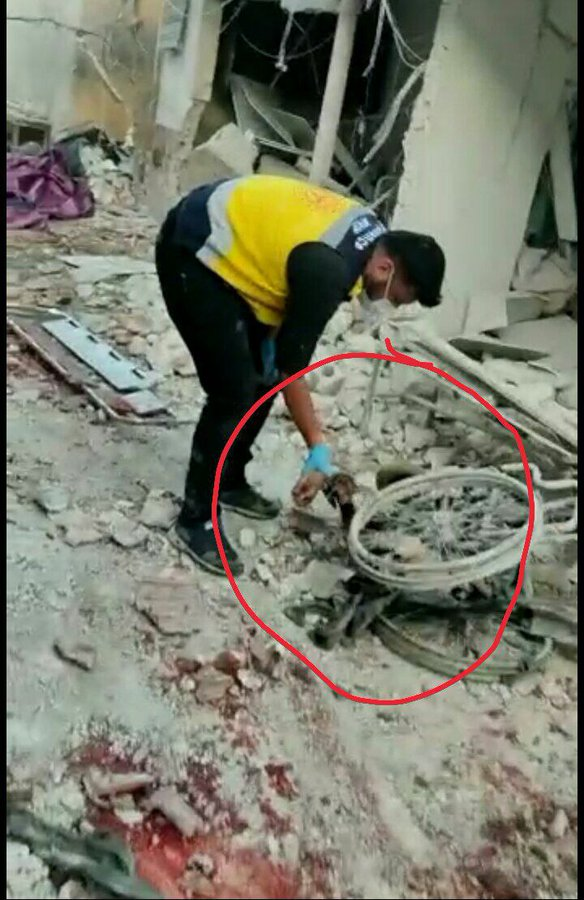According to @Marea_Elshame, the image shows a child who was paralyzed in a wheelchair and was killed in the strikes on Al-Shifaa hospital.