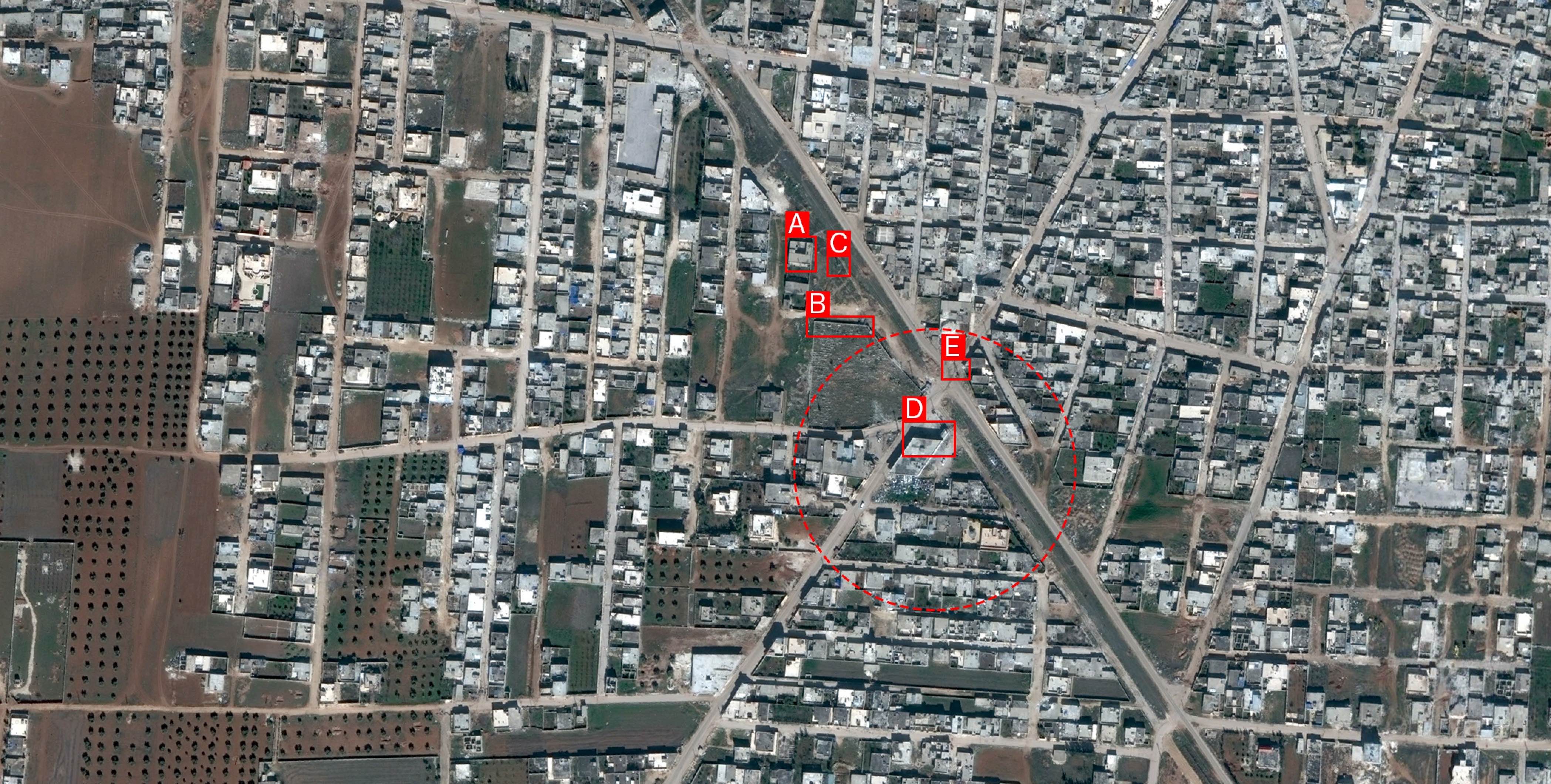 Satellite imagery showing the distribution of buildings tagged in the panoramic stitches.