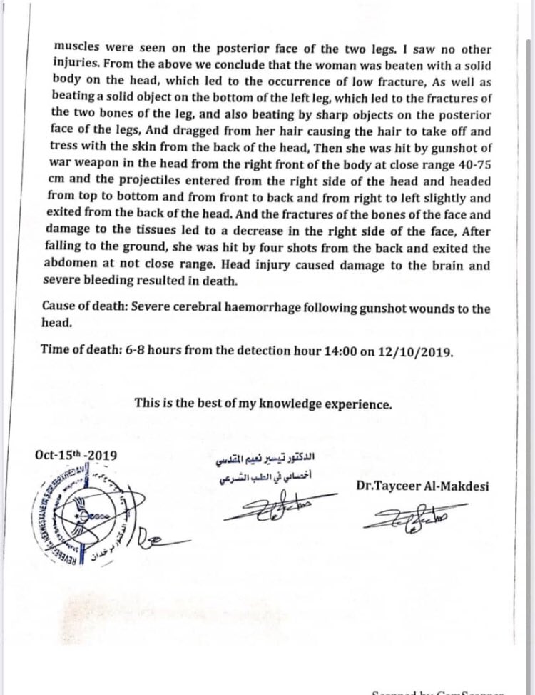 Autopsy report of the body of Hevrin Khalaf, who was executed by alleged "Turkish backed mercenary factions" on the highway linking Raqqa to Qamishli on October 12th, 2019 (via @rcallimachi).