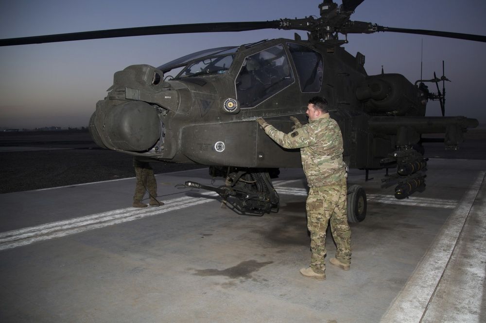 Pre-flight checks are performed on a AH 64E Apache helicopter at Camp Erbil, Iraq, Jan. 10, 2017 (US Army)