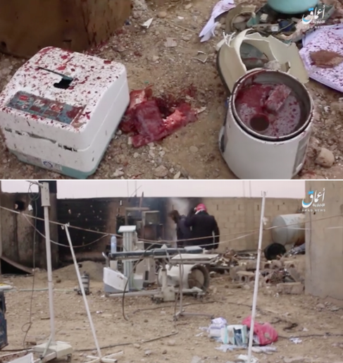 Image from the SNHR published by Bellingcat showing the aftermath of an alleged coalition attack on a hospital in al-Bahra in Deir Ezzor on February 2nd, 2018.