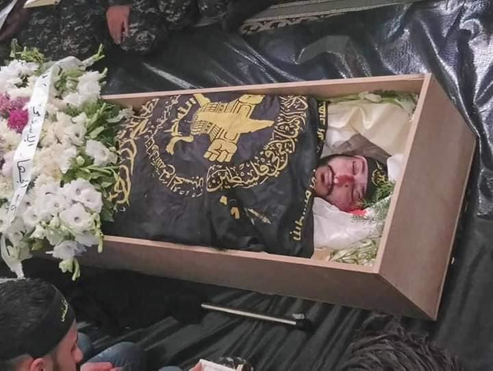 The body of Moaz Akram Al Ajouri at his funeral, who was killed in alleged Israeli airstrikes on Al Mazza neighbourhood in Damascus on November 12th, 2019 (via Sleman Al Ajouri).