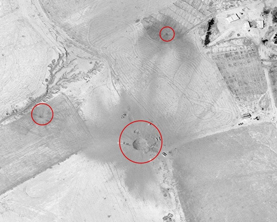 Satellite image taken June 6, 2018 of US-led coalition airstrike locations in al-Helo village. Damage analysis by Human Rights Watch; Imagery © DigitalGlobe-Maxar Technologies 2019; Sources: EUSI, Google Earth. [Human Rights Watch]