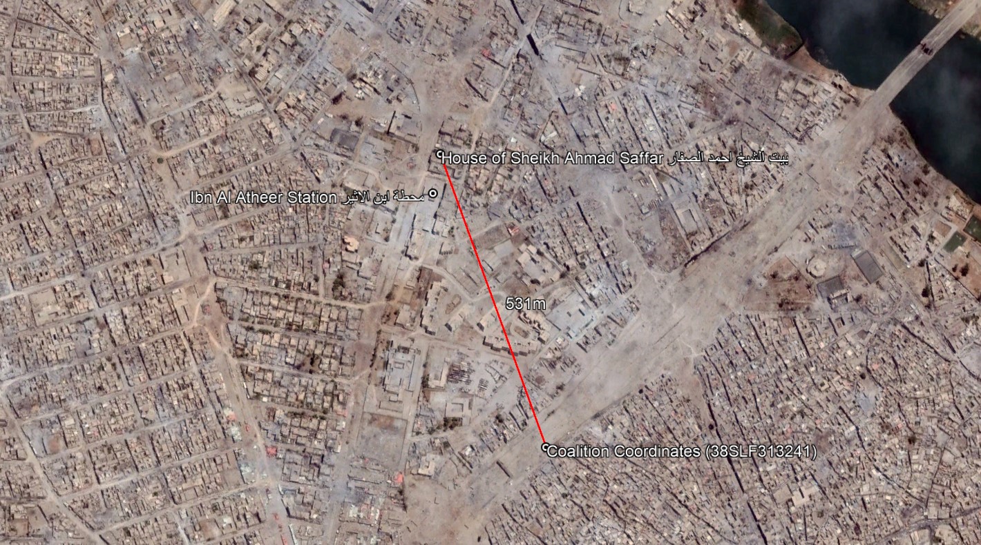 Although Coalition has supplied Airwars with their coordinates (MGRS: 38SLF313241) for the strike, evidence supplied by local sources shows these to be innaccurate by atleast 531m.