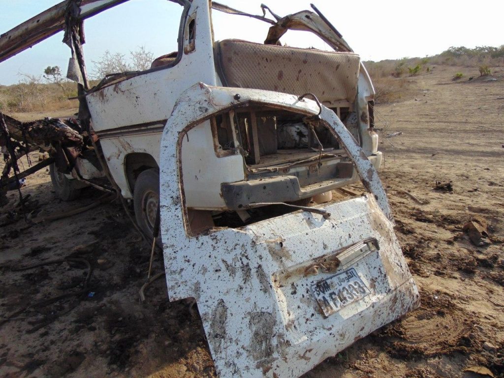 Vehicle allegedly destroyed by a US strike near Janaale on March 10th, 2020 (via Somali Memo)
