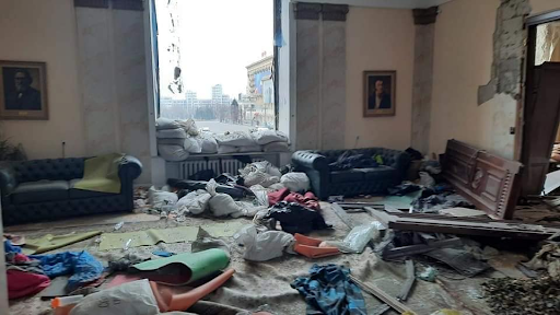 Damage caused by the attack on the Kharkiv Regional State Administration on March 1, 2022. (Image posted by Elena Fomenko via Facebook)