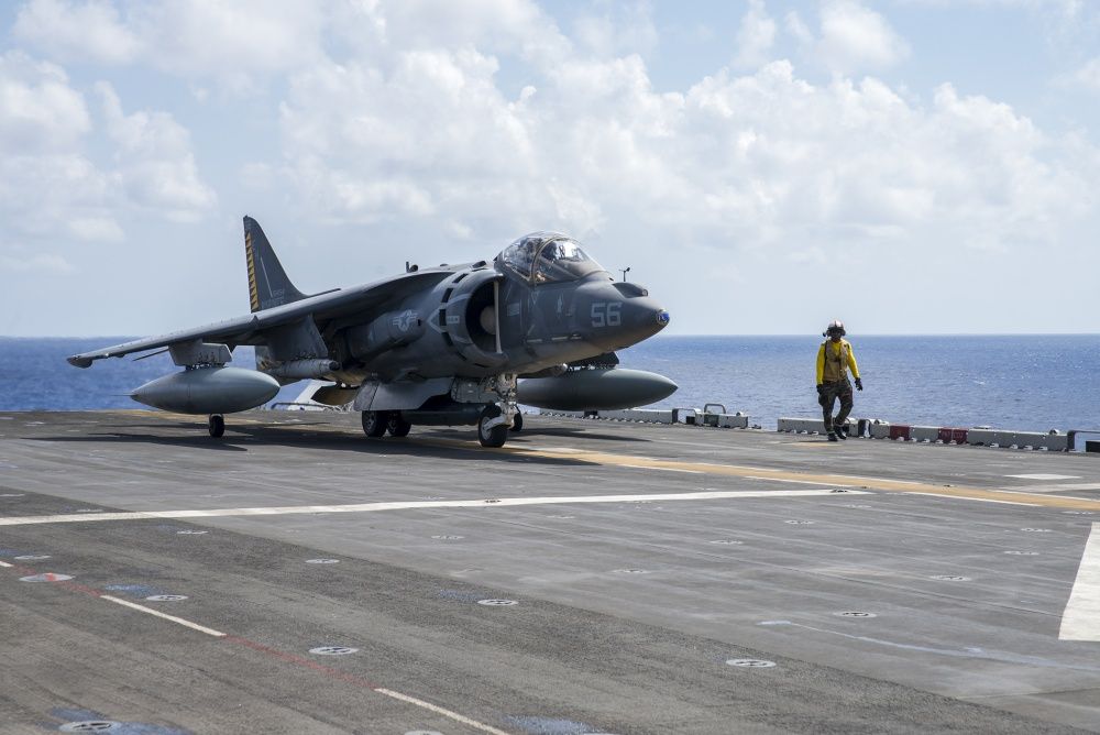 An AV-8B Harrier takes off from the flight deck of USS Wasp (US Navy)