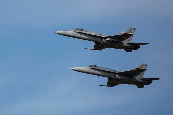 Two No 75 Squadron F/A-18A Hornet aircraft take off from RAAF Base Tindal for a training mission (Aus MoD)