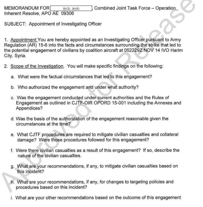 The terms of the investigation into civilian casualties at Hari, Syria (CENTCOM declassified report)