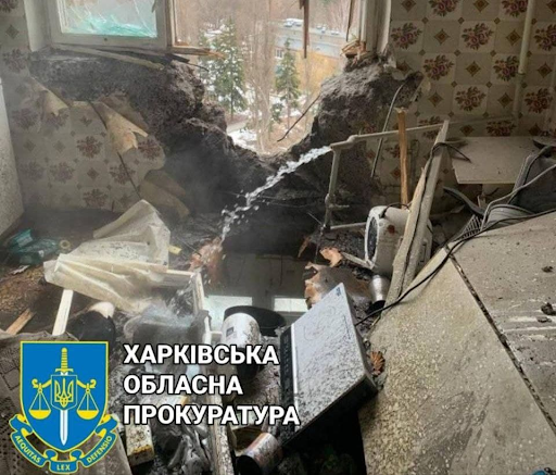 The inside of the apartment block where the shelling was reported to have taken place. Image via Times.kharkiv.ua