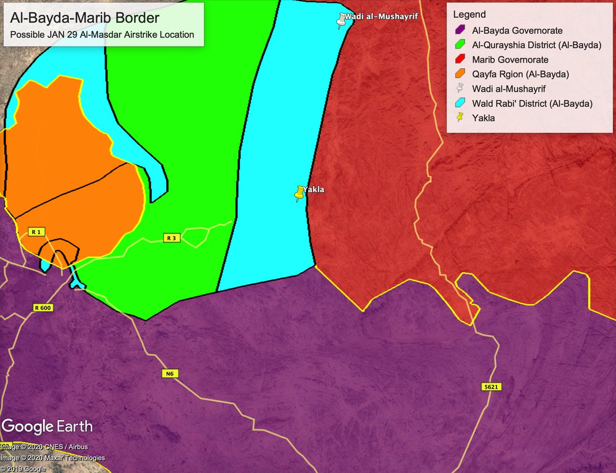One source, @JoshuaKoontz__, suggests the area of Wadi Al Mashrif (وادي المشيريف) as a potential location for this village, approximately 33KM north of Yakla.