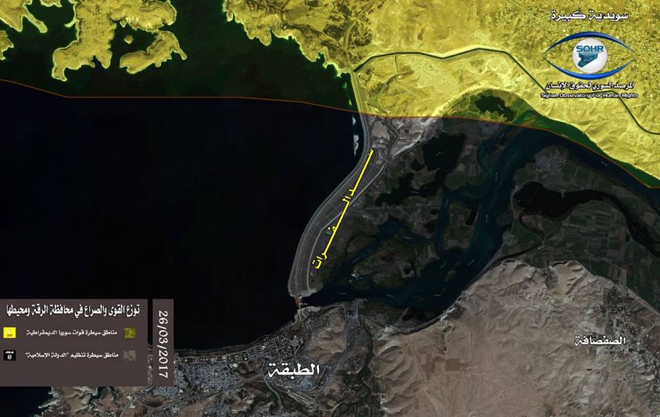 Diagram showing locations of damage to the Euphrates Dam following an alleged Coalition raid, March 27th 2017. (via Hashtag Syria)