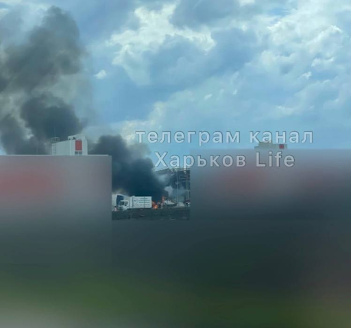 One of the vehicles on fire due to alleged Russian shelling of Korotych on April 22, 2022. (Image posted by Kharkiv Life via Telegram)