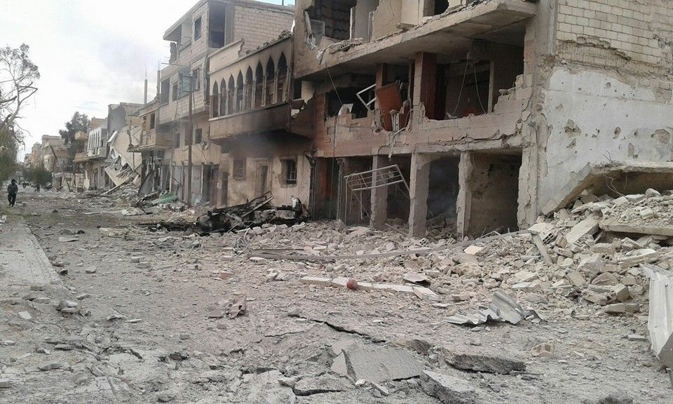 The aftermath of an alleged raid with cluster bombs on Palmyra, Feb 3rd (via Coordinating Committee for the city of Palmyra)