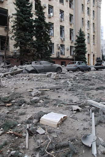 Damage caused by the attack on the Kharkiv Regional State Administration on March 1, 2022. (Image posted by Elena Fomenko via Facebook)