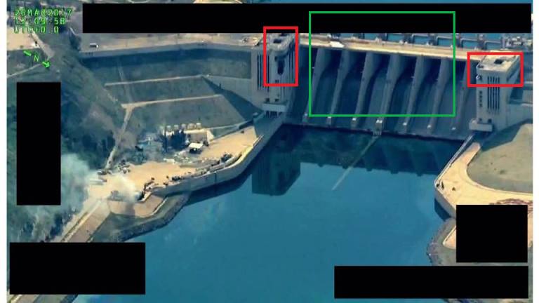 Diagram showing locations of damage to the Euphrates Dam following an alleged Coalition raid, March 27th 2017. (via Hashtag Syria)