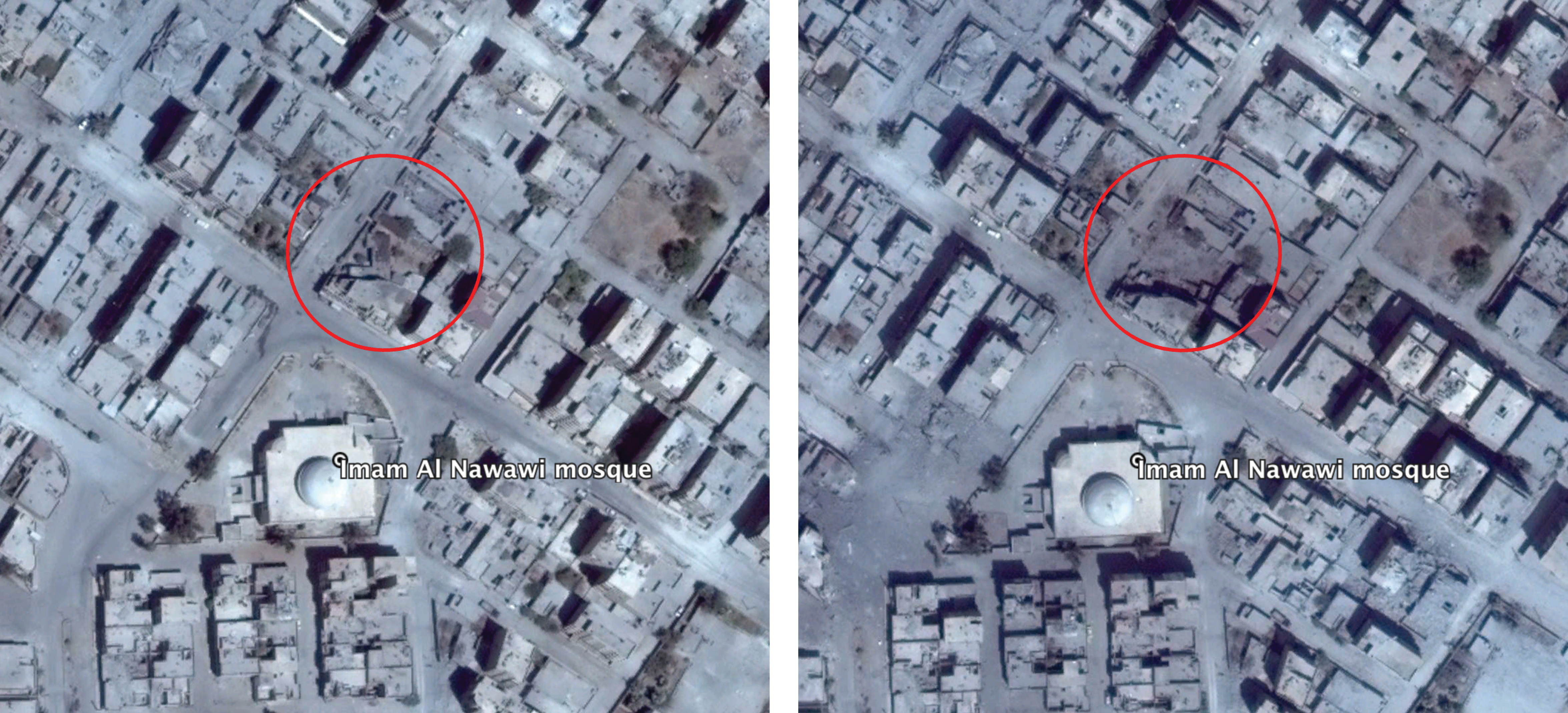 Damage to a residential building near the Imam Al Nawawi mosque (left: August 7, 2017; right: August 13, 2017)
