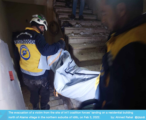 Syrian Civil Defense attend rescue mission after US air raid on February 3rd 2022 (Syrian Network for Human Rights)