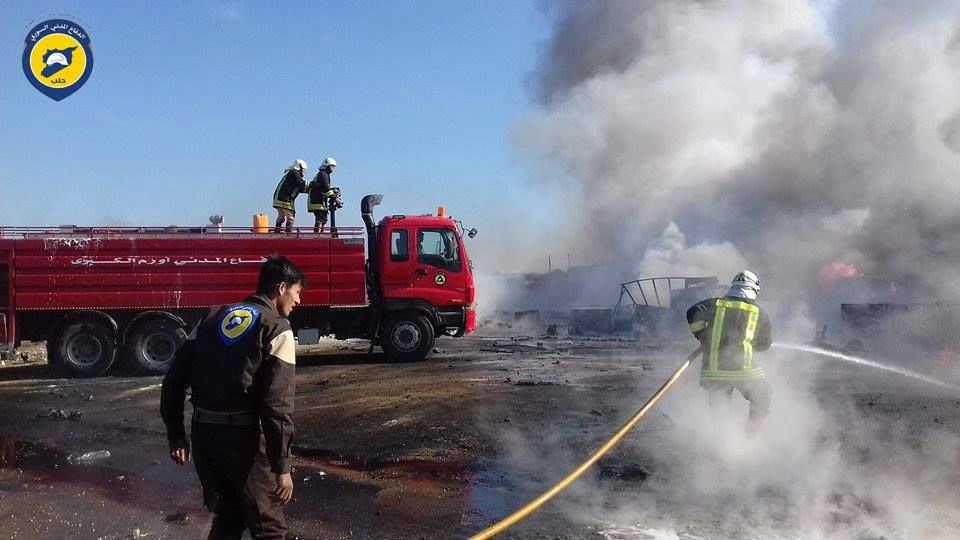Firefighters attend the aftermath of airstrikes on Ma'arat Al Nu'ssan, Dec 15th (via White Helmets)